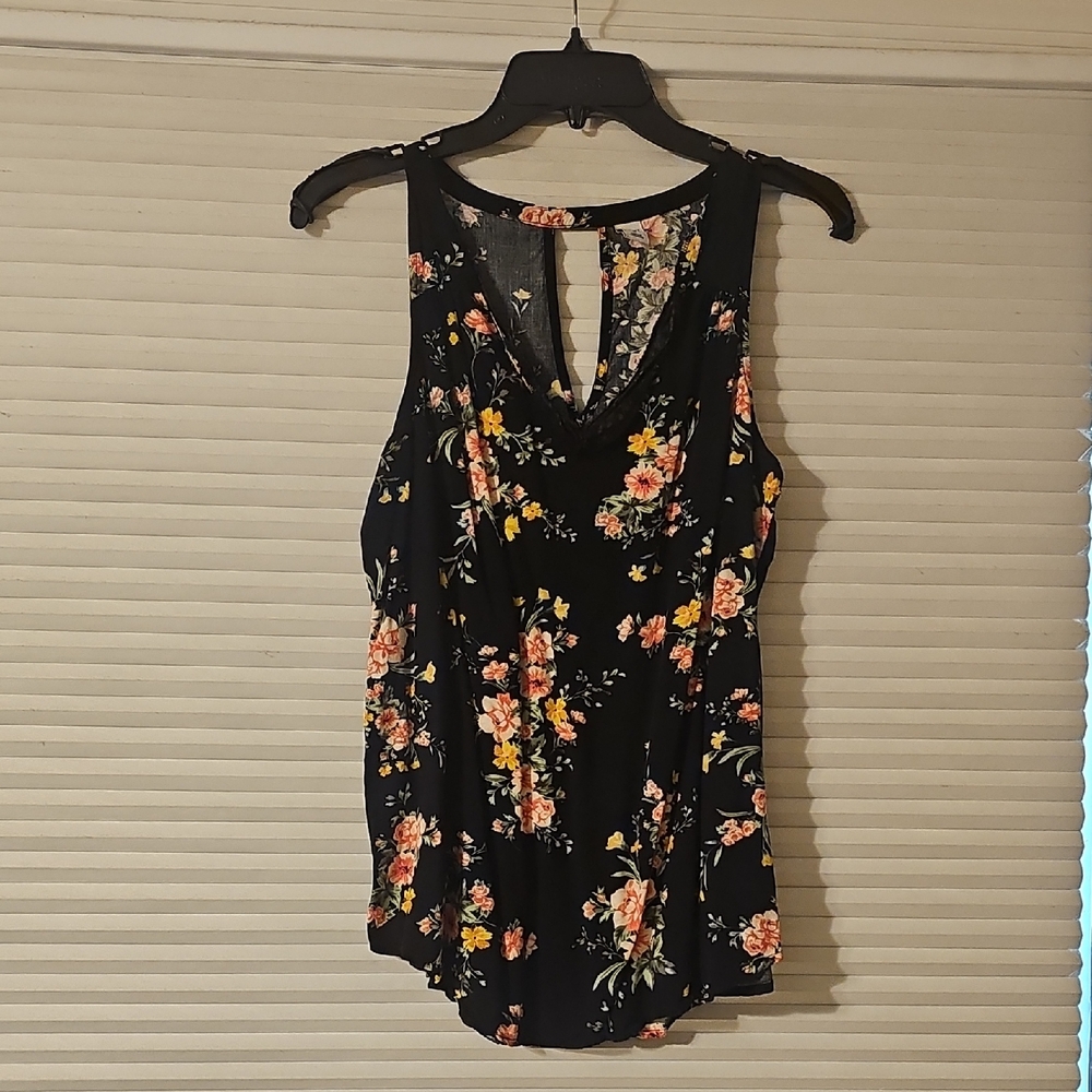 Floral Sleeveless Top - Black with Pink and Yellow Accents